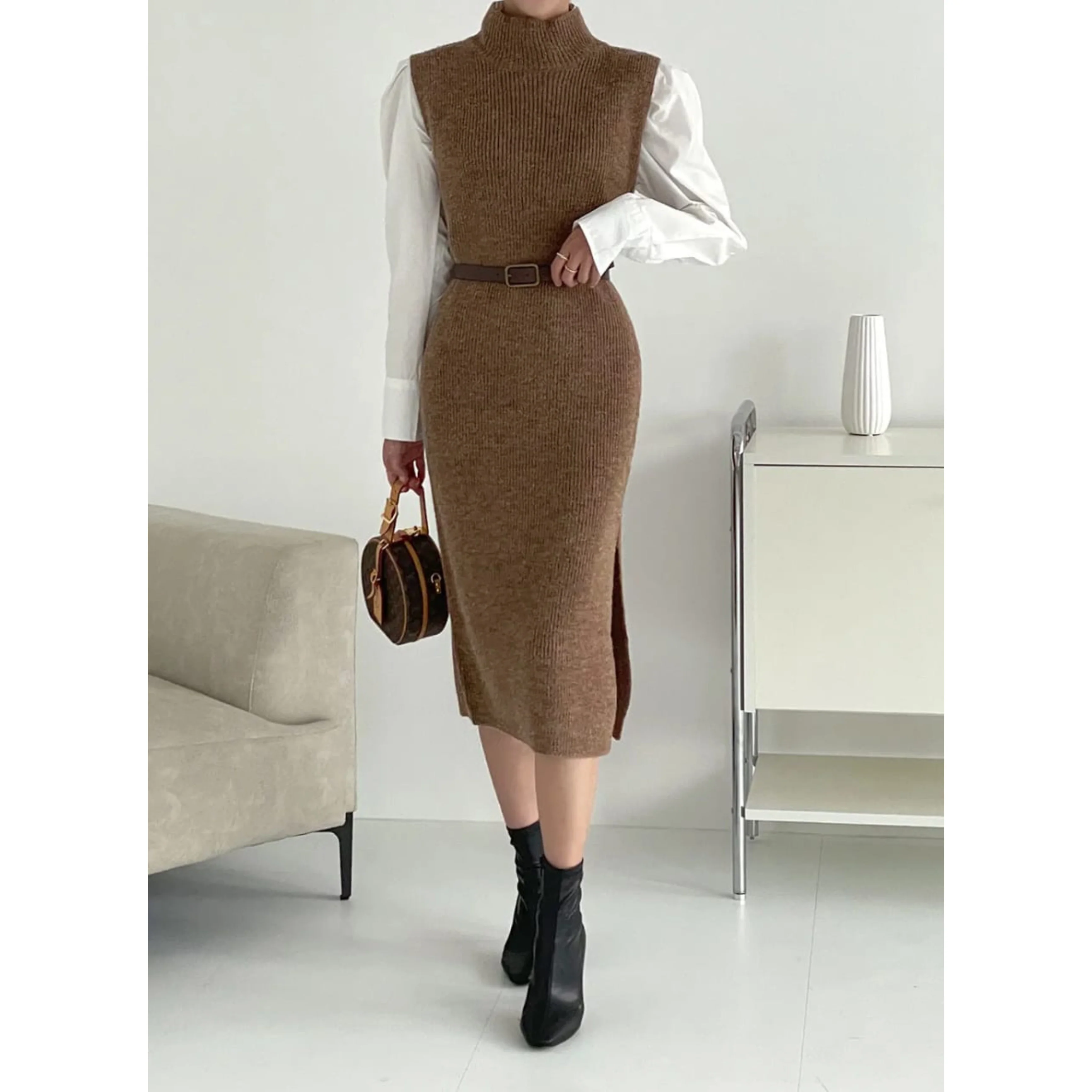 Dazy Sleeveless Long Knit Dres with Belt - Image 2