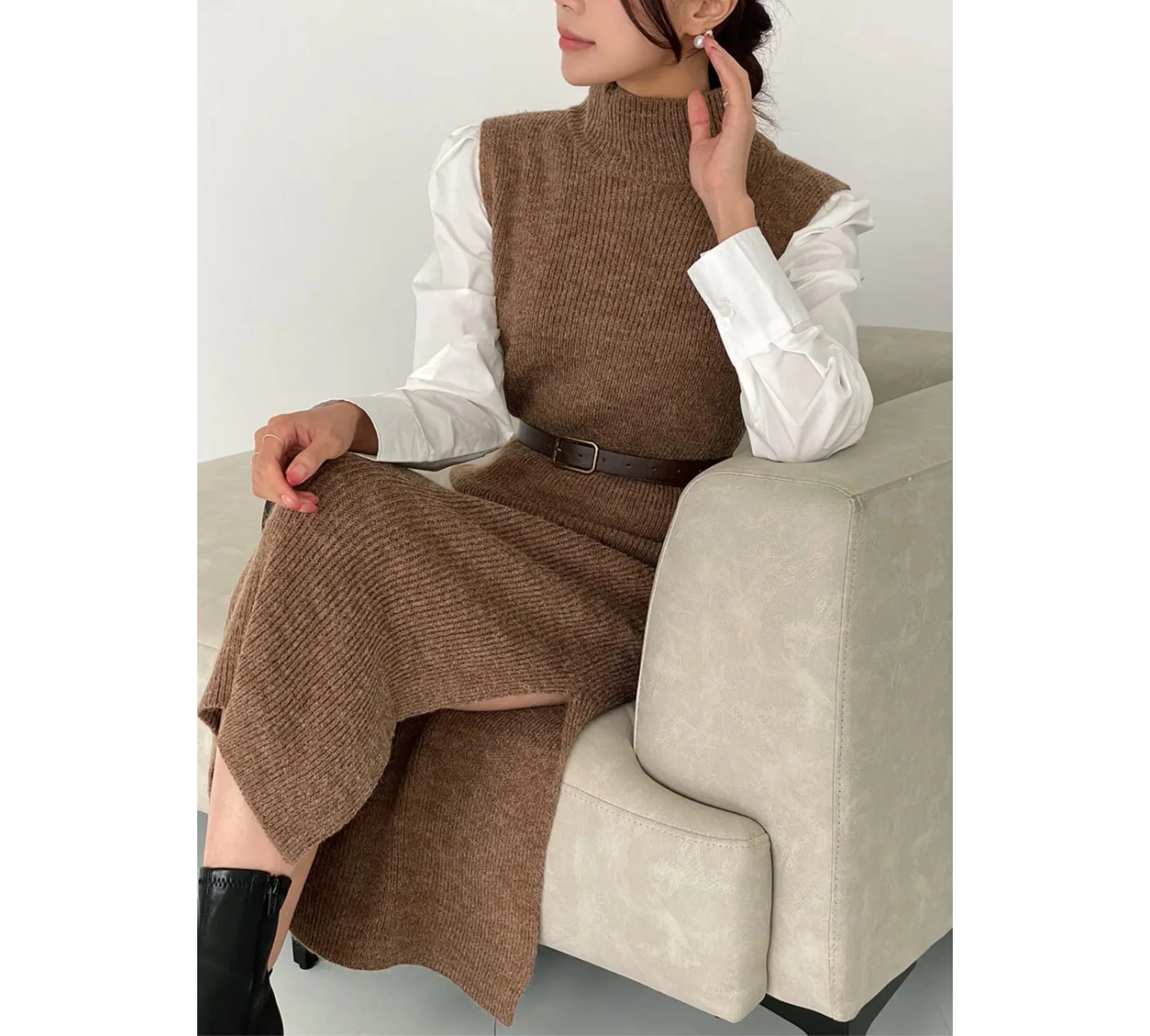 Dazy Sleeveless Long Knit Dres with Belt - Image 3