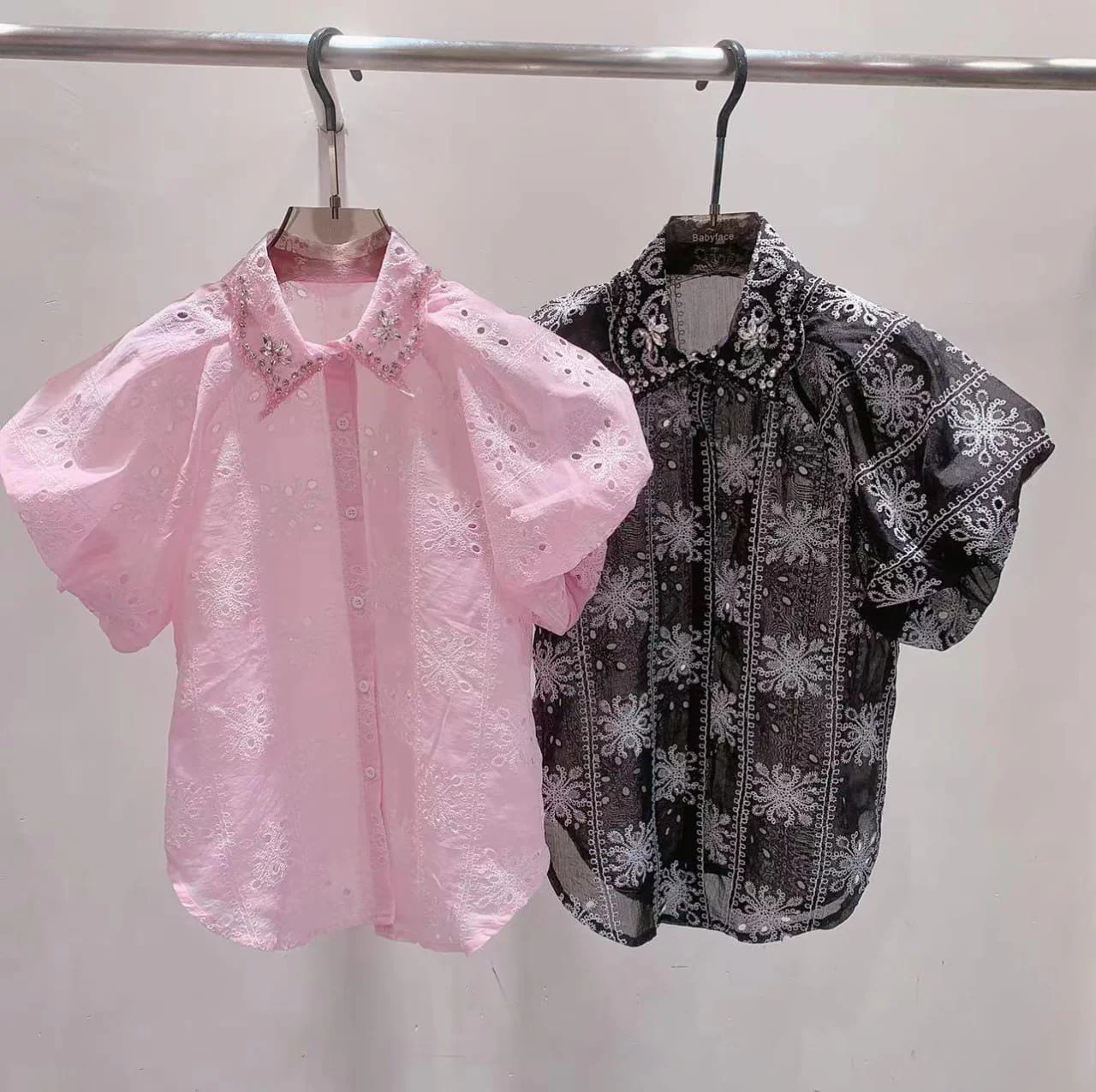 Embriodery Collar Crystal Shirt - Image 2