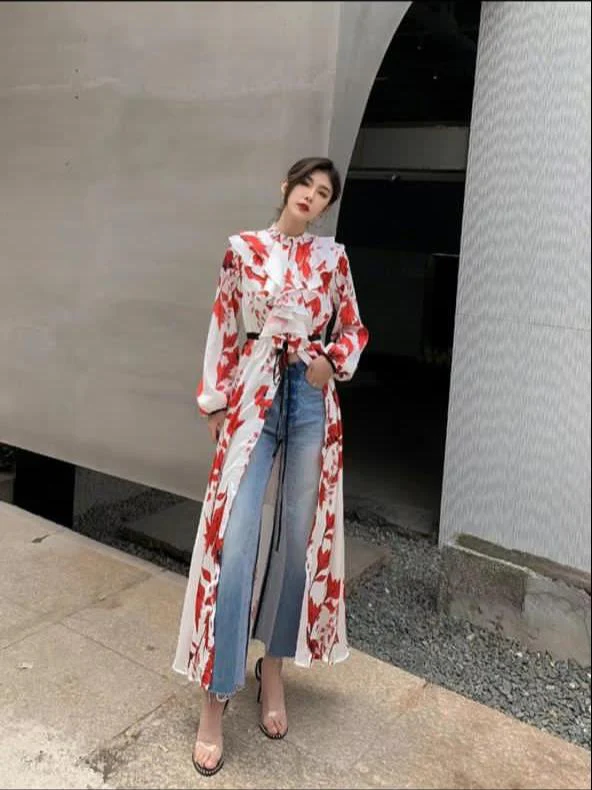 Luxury Floral Ruffle Slit Dress - Image 3