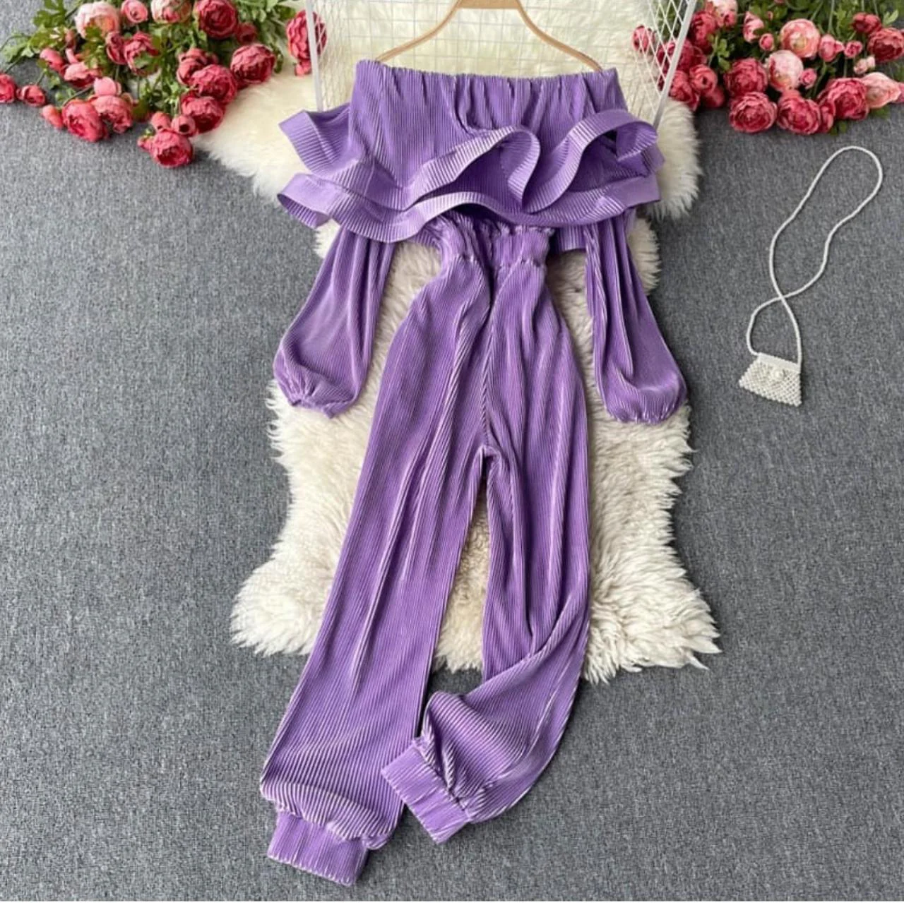 Off Shoulder Pleated Ruffle Jumpsuit - Image 8