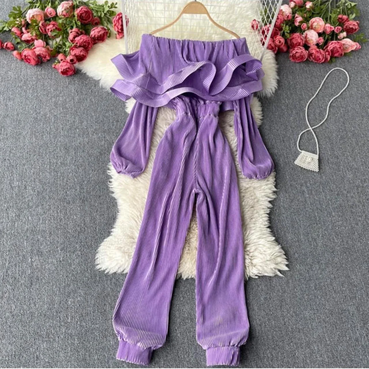 Off Shoulder Pleated Ruffle Jumpsuit - Image 9