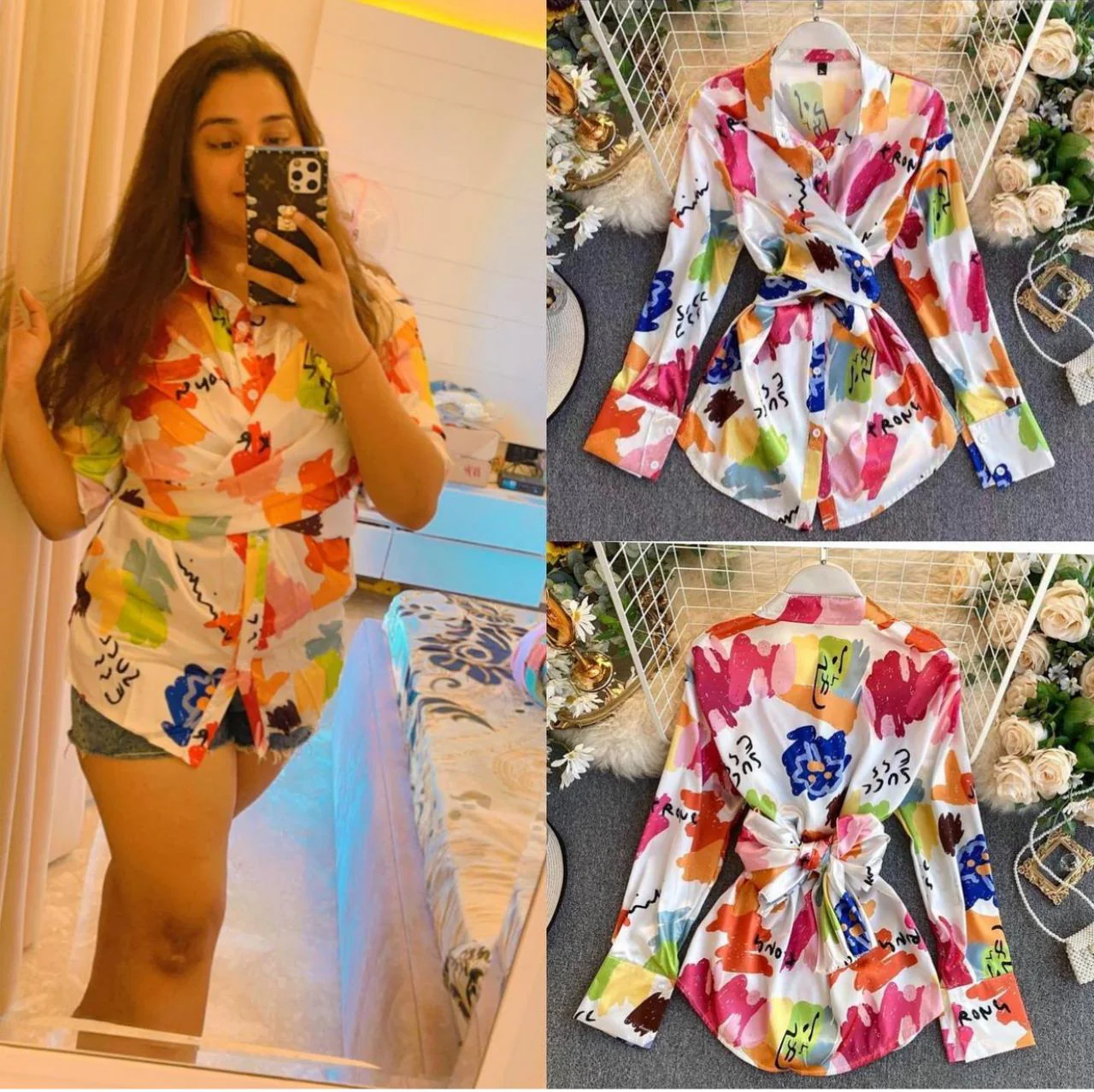 Satin Back Bow Printed Shirt - Image 4